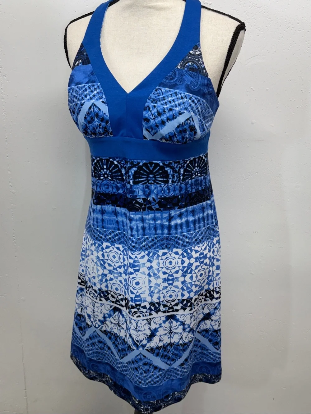 Blue Patterned V-Neck One-Piece Swim Dress - Picture 6 of 15